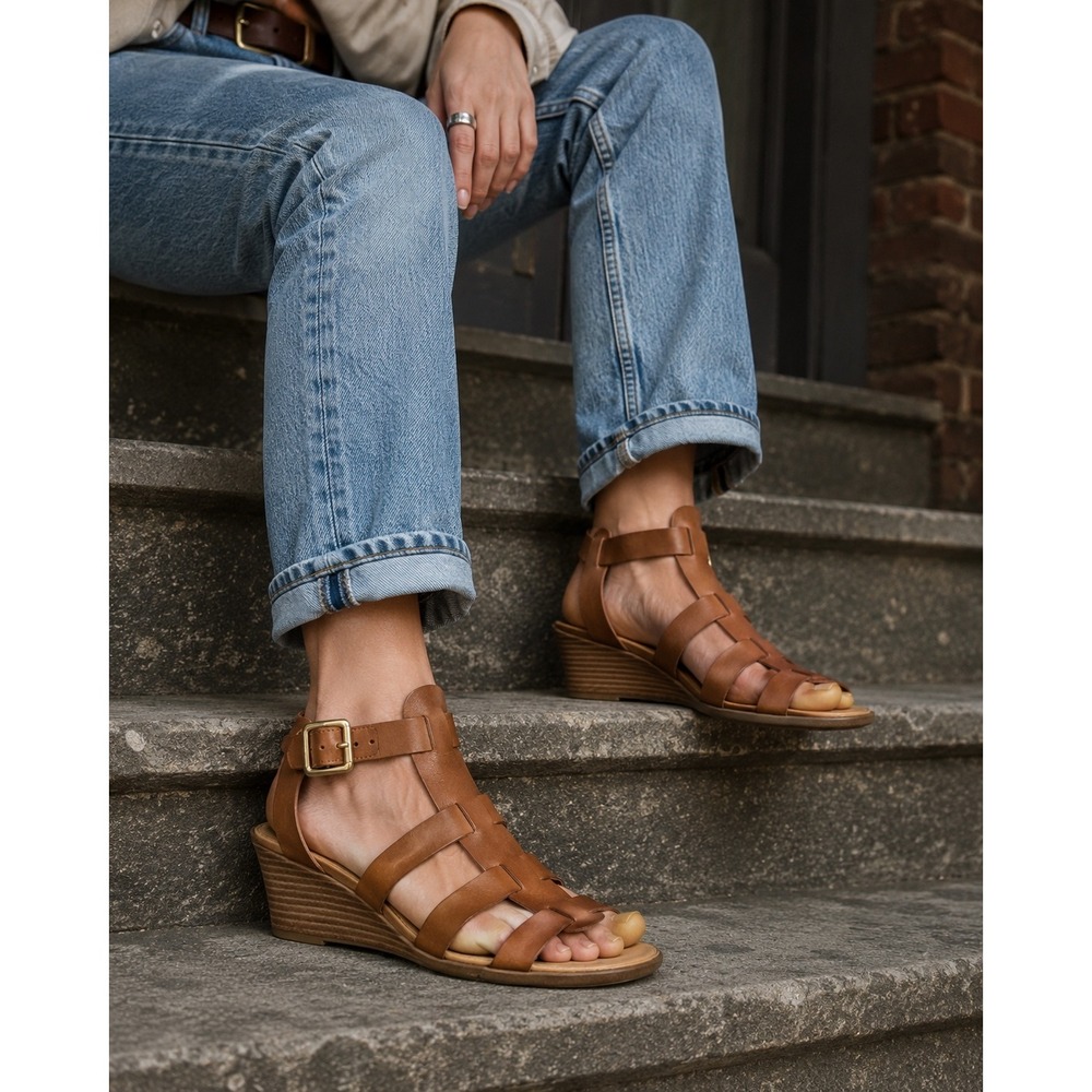 Franco Sarto Womens Cognac Brown Leather Gladiator Wedge Sandals Size 9M Strappy